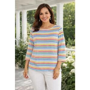 Talbots Women's Rainbow Colored Striped Stretch Cotton Blend Top, LP